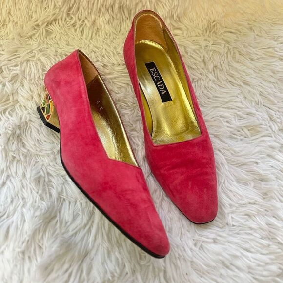 Escada Shoes - Escada Fuschia Suede Low Multicolored Heel Pumps Eclectic 80’s sz‎ 6B Vintage
